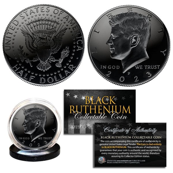 All Black Ruthenium Plated 2023 JFK Kennedy Half Dollar U.S. Coin - Choose P or D Mint- Fast Shipping, Free to U.S.