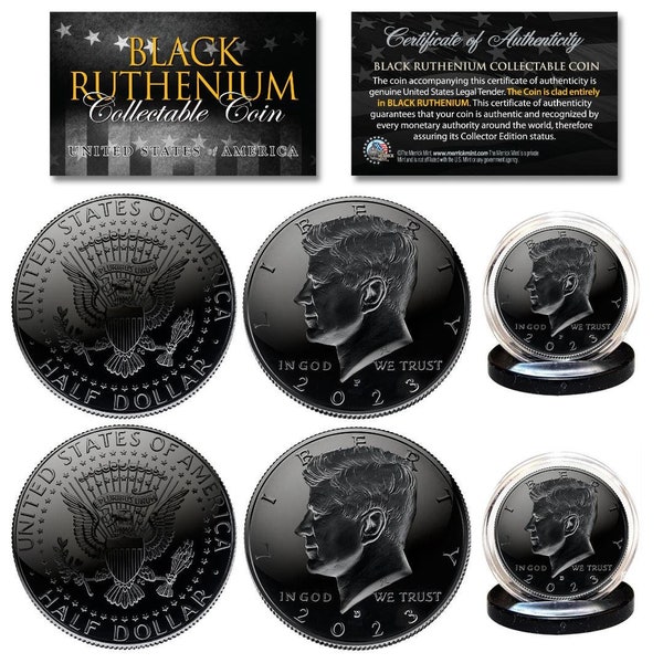 All Black Ruthenium Plated 2023 JFK Kennedy Half Dollar U.S. 2-Coin Set w/stands - Both P & D Mint- Fast Shipping, Free to U.S.