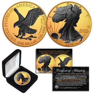 24 kt goud bekleed met zwarte ruthenium-highlights 1 troy oz .999 puur zilver 2024 American Eagle-munt met doos