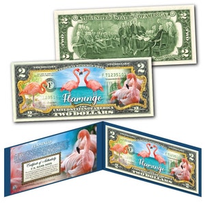 FLAMINGO famoso pájaro flamenco rosa genuino billete coloreado de dos dólares de curso legal - Se envía rápido y gratis a EE. UU.