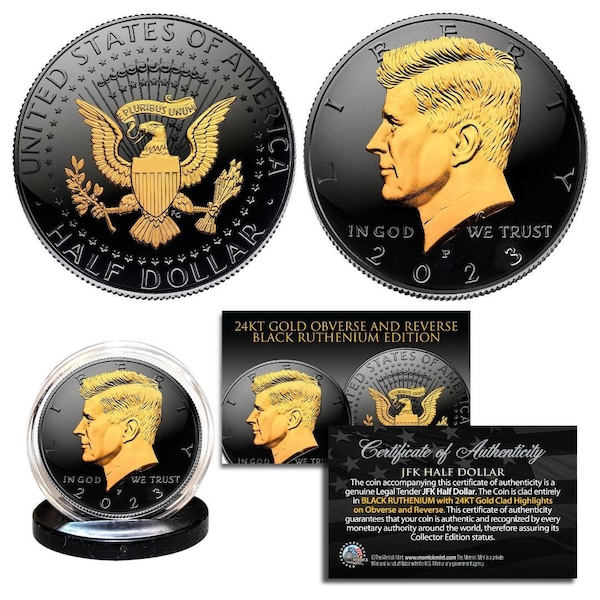 2023 Black Ruthenium JFK Half Dollar Coin with 2-sided Gold Highlights - Choose  P or D Mint - Fast, Free Ship to U.S.