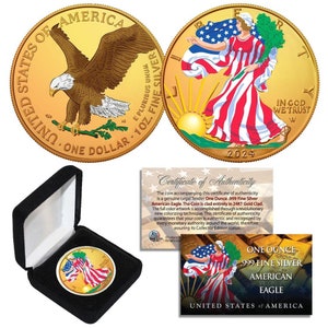 Pièce de 1 oz de 0,999 $ Aigle américain en argent 2024, dorée et colorisée en or 24 carats avec boîte - Livraison rapide gratuite aux États-Unis