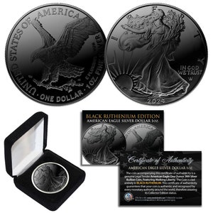 Moeda American Eagle de prata pura 999, revestida de rutênio negro de 1 onça troy, com caixa, 2024