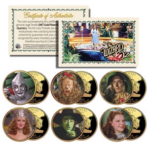 Wizard of Oz 24K Gold Plated and Colorized Kansas Statehood Quarter 6-Coin Set w/Collectible Certificate - Ships Fast & Free to U.S.
