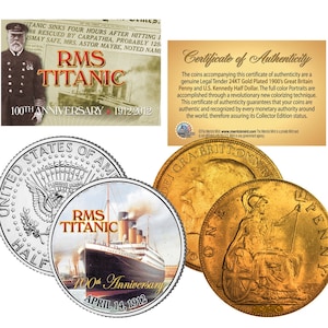 May include: Two gold-plated commemorative coins celebrating the 100th anniversary of the RMS Titanic. The coins feature the ship's name and the date April 14, 1912. The coins are accompanied by a certificate of authenticity.