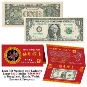 May include: A red and gold envelope with a dragon design and the text "Lucky Money Note" and "福寿禄喜" in Chinese characters. The envelope is open to reveal a US dollar bill with the text "Year of the Dragon" and "龙" in Chinese characters. The envelope is decorated with a red and gold border.