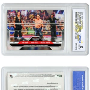 Tarjeta de Eliminación de WWE 2025 Topps The Rock / John Cena / Travis Scott n.° 27 Gem Mint 10