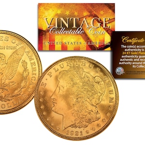 1921 Genuine AU/BU Morgan Silver Dollar 24K Gold Plated U.S. Coin w/ COA & Capsule and Certificate - Fast Shipping, Free to U.S.