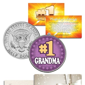 N.º 1 ABUELA * La mejor abuela del mundo * Moneda de medio dólar estadounidense JFK del Día de la Madre con tarjeta de regalo