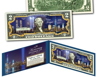 9-11 World Trade Center Sept 11 - 17th Anniversary "NIGHT-TIME" Freedom Tower - Genuine Legal Tender US 2.00 Dollar Bill