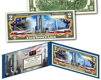 9-11 World Trade Center 20th Anniversary Genuine U.S. 2.00 Dollar Bill w/Reflecting Pool - Full View Edition