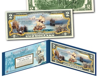 MAYFLOWER Ship 1620-Pilgrims-New World Two Dollar Bill on Genuine U.S. Currency - Ships Fast and FREE to U.S.