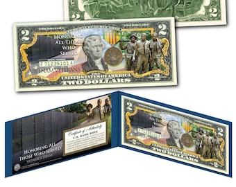 Vietnam Veterans Two Dollar Bill on Genuine U.S. Currency - Ships Fast and FREE to U.S.