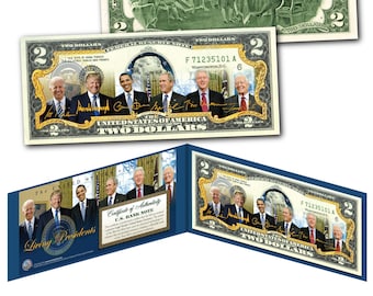 Living Presidents 2.00 Dollar Bill on w/Trump Biden Obama Carter Clinton Bush Genuine US Currency
