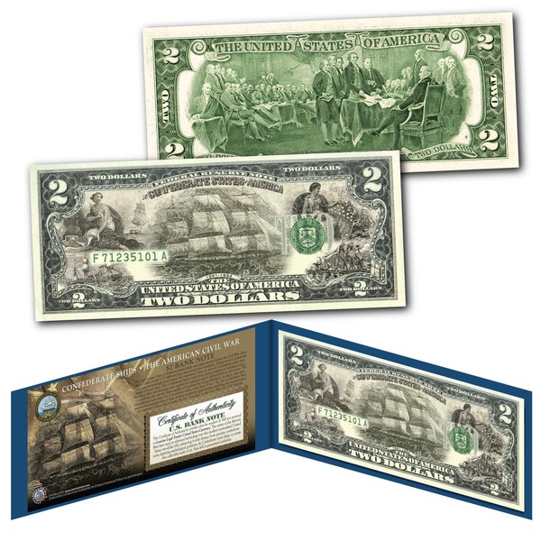Civil War CONFEDERATE * SHIPS * Two Dollar Bill on Genuine U.S. Currency - Ships Fast and FREE to U.S.