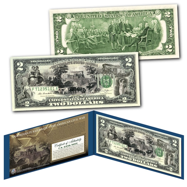 Civil War CONFEDERATE * RAILROADS * Two Dollar Bill on Genuine U.S. Currency - Ships Fast and FREE to U.S.