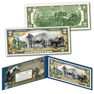 May include: A two dollar bill replica featuring Sergeant Reckless, a decorated war horse, with the text "The Most Decorated War Horse in History" and "Sergeant Reckless" on the bill. The bill is a replica of a U.S. bank note.