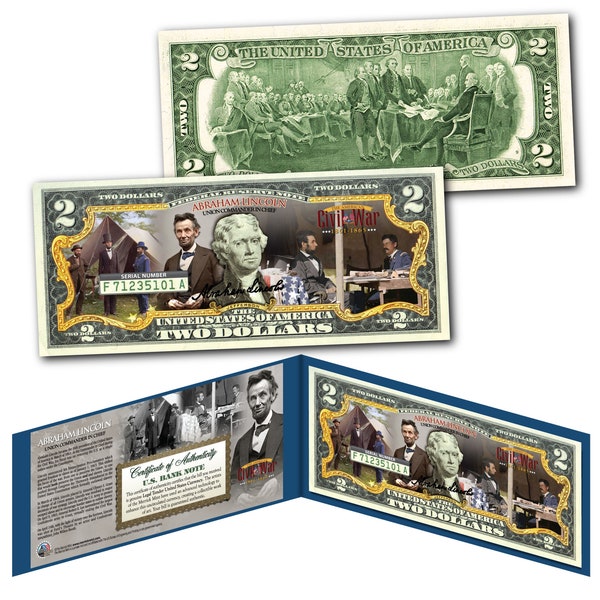 Civil War * ABRAHAM LINCOLN * Two Dollar Bill on Genuine U.S. Currency - Ships Fast and FREE to U.S.