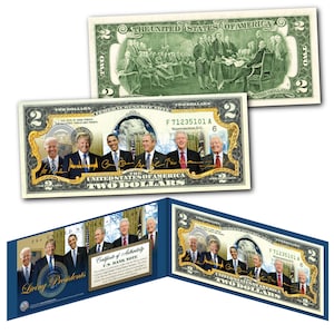 Banconota da 2,00 dollari dei presidenti viventi con Trump, Biden, Obama, Carter, Clinton, Bush, vera valuta statunitense