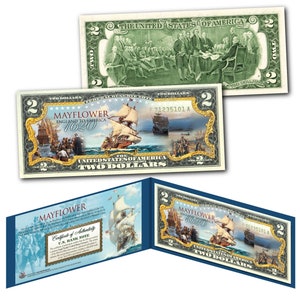 MAYFLOWER Ship 1620-Pilgrims-New World 2.00 Dollar Bill on Genuine U.S. Currency
