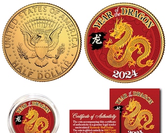 May include: A gold-coloured half dollar coin with the inscription "United States of America" and "Half Dollar". The coin is displayed next to a red and gold coin with a dragon design and the inscription "Year of the Dragon" and "2024". A certificate of authenticity is also shown with the text "Certificate of Authenticity" and "Year of the Dragon".