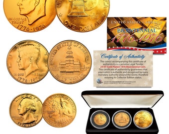 1976 Bicentennial 24K Gold Coins JFK Half / IKE Dollar / Quarter 3-Coin with BOX - Ships Fast & Free to U.S.