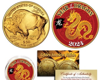 May include: A gold-plated replica of the American Buffalo coin featuring a red and gold dragon design to mark the Year of the Dragon. The coin is presented in a clear plastic case with a black base. The certificate of authenticity includes the text "Golden American Buffalo" and "Certificate of Authenticity".