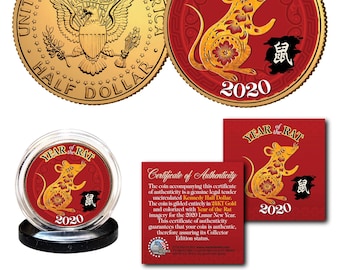 May include: A gold-coloured coin with a red background featuring a rat with floral designs and the text "Year of the Rat 2020" and the Chinese character for "rat".