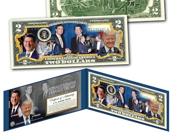 Donald Trump and Ronald Reagan Genuine Legal Tender Two Dollar Bill  in Deluxe Vinyl Folio - Ships Fast & FREE to U.S.!