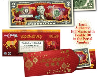 Ano Novo Lunar Chinês Vietnamita de 2023, Ano do Gato: Nota de Dois Dólares Americana Autêntica com 8 Gatos Policromáticos - Envelope Vermelho