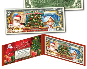 Merry Christmas * Santa&#39;s Naughty and Nice List * Genuine Legal US Tender 2 Dollar Bill - Fast Shipping! Free Ship to U.S.!