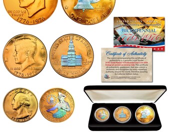 1976 Bicentennial 24K Gold Plated Prism Hologram 3 Coin Set