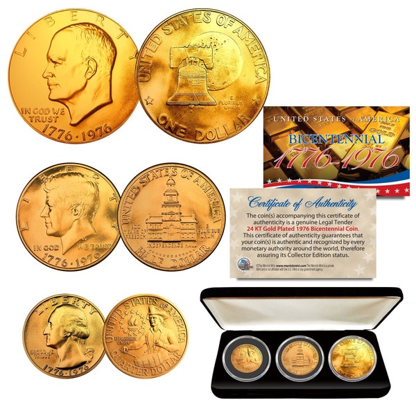 1976 Bicentennial 24K Gold Coins JFK Half / IKE Dollar / Quarter 3-Coin with BOX - Ships Fast & Free to U.S.