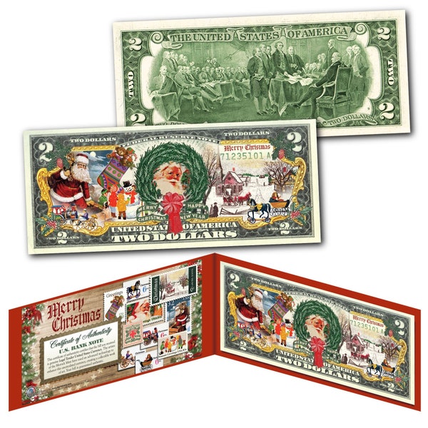 Merry Christmas "Postage Stamp Theme" Genuine Legal US Tender 2 Dollar Bill - Stocking Stuffer Gift - Fast Shipping! Free Ship to U.S.!