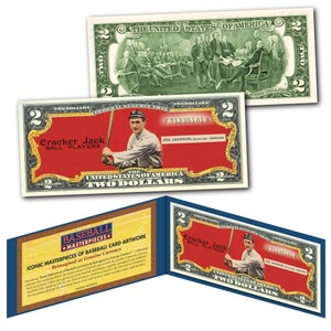 SHOELESS JOE JACKSON 1915 Cracker Jack Iconic Card Art on Genuine 2 Dollar Bill - Fast Free Ship to U.S.
