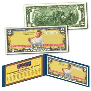 BABE RUTH 1933 Goudey #53 (Yellow) Yankees Iconic Card Art on Genuine 2 Dollar Bill - Fast Free Ship to U.S.