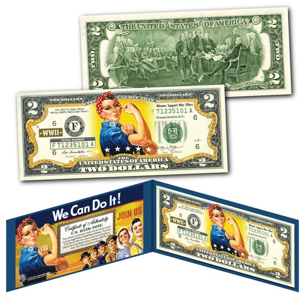 ROSIE the RIVETER Women's Cultural Icon from WWll Colorized Two Dollar Bill Genuine U.S. Currency - Ships Fast and Free to U.S.!