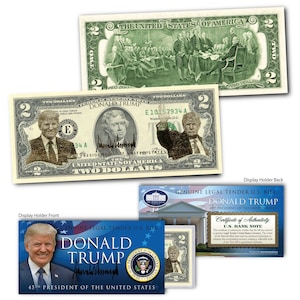 May include: A novelty two dollar bill featuring a portrait of Donald Trump as the 45th President of the United States. The bill is printed on a white background with a blue border and includes the text "Genuine Legal Tender U.S. Bill" and "Donald Trump 45th President of the United States".