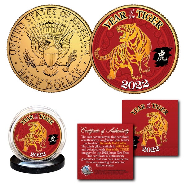 2022 Year of the TIGER Lunar Chinese New Year Lucky Money - 24K Gold Plated Tiger JFK Half Dollar Coin with stand - Ships Fast US Seller