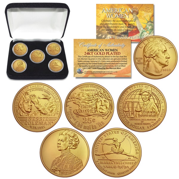 American Women 2023 Series 24K Gold Plated U.S. Mint Quarters 5-Coin Set in Capsules w/BOX - Fast, Free Ship to U.S.