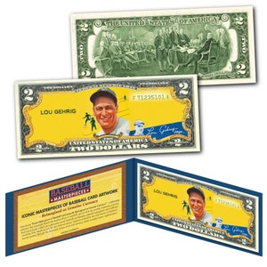 LOU GEHRIG 1934 Goudey #37 NY Yankees Iconic Card Art on Genuine 2 Dollar Bill - Fast Free Ship to U.S.