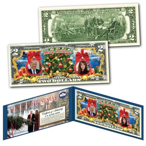 Donald and Melania Trump * CHRISTMAS ORNAMENTS * 2.00 Dollar Bill on Genuine US Currency - Fast shipping!