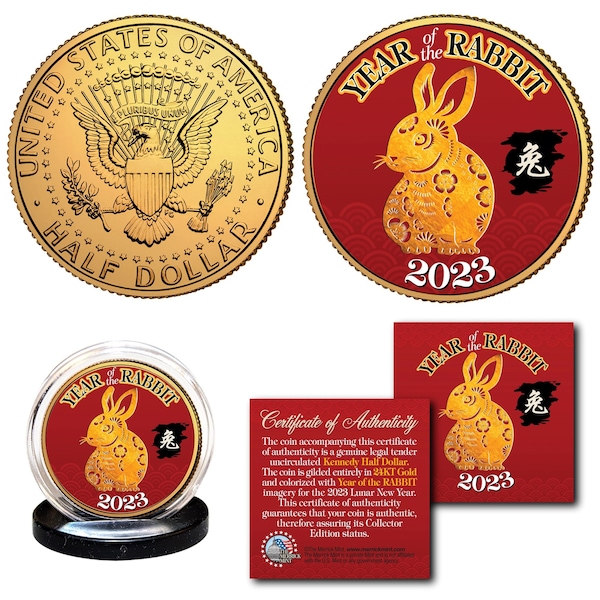 2023 Year of the RABBIT Lunar Chinese New Year Lucky Money - 24K Gold Plated JFK Half Dollar Coin with stand - Ships Fast US Seller