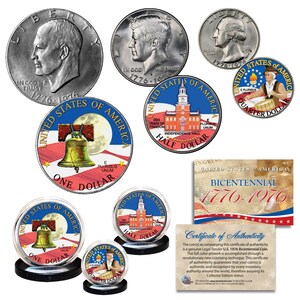 1976 Bicentenaire 3-Coin Colorized Patriotic Collection - JFK / IKE / QUARTER - Expédie rapidement et gratuitement aux États-Unis