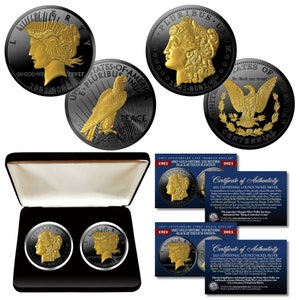 Black Ruthenium/24K Gold Edition 100th Anniv of final MORGAN Dollar &  first PEACE Dollar 1 oz 39mm 2-Coin Set w/ Box