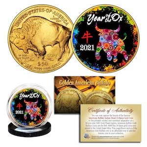 2021 Year of the OX Lunar Chinese New Year *POLYCHROMATIC* 24K Gold Plated Buffalo Medallion Tribute w/Stand