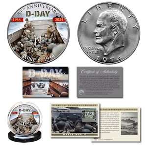 Segunda Guerra Mundial D-DAY Normandia 80º aniversário 1944-2024 IKE Moeda de 1 dólar dos EUA + cartão colecionável - envio rápido e gratuito para os EUA.