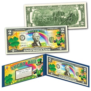 St. Patrick's Day LUCKY BILL Kolorierter Zwei-Münzen-Schein auf echter US-Währung - Regenbogen, Kobold, vierblättriges Kleeblatt