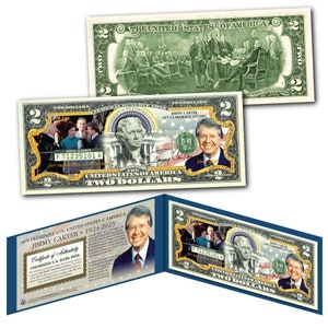 JIMMY CARTER 39° Presidente 1942-2024 Banconota autentica da 2,00 dollari USA - Spedizione veloce e GRATUITA negli Stati Uniti.
