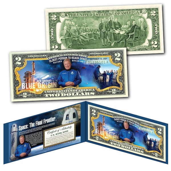 Blue Origin Space Rocket - William Shatner Oldest Man to Reach Space  2.00 Dollar Bill - Ships Same or Next Business Day & FREE to US